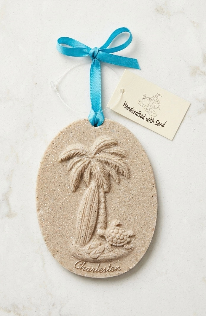 Palm Tree, Surfboard, Turtle Sand Ornament