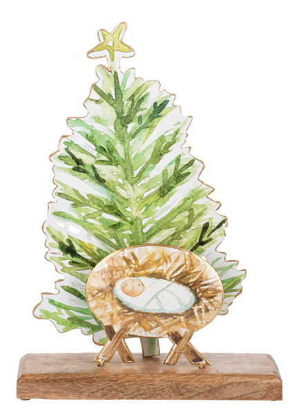 Watercolor Manger with Christmas Tree Figurine